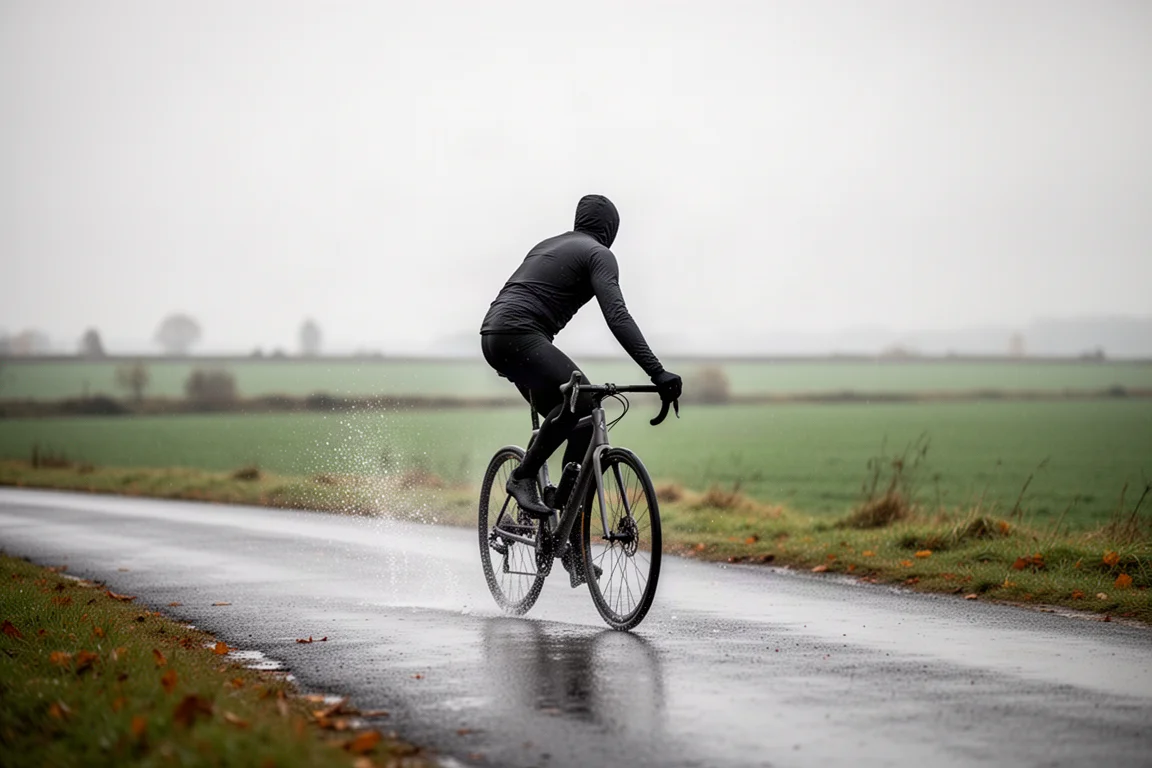 Water beading on the black softshell sleeve of a cycling jacket