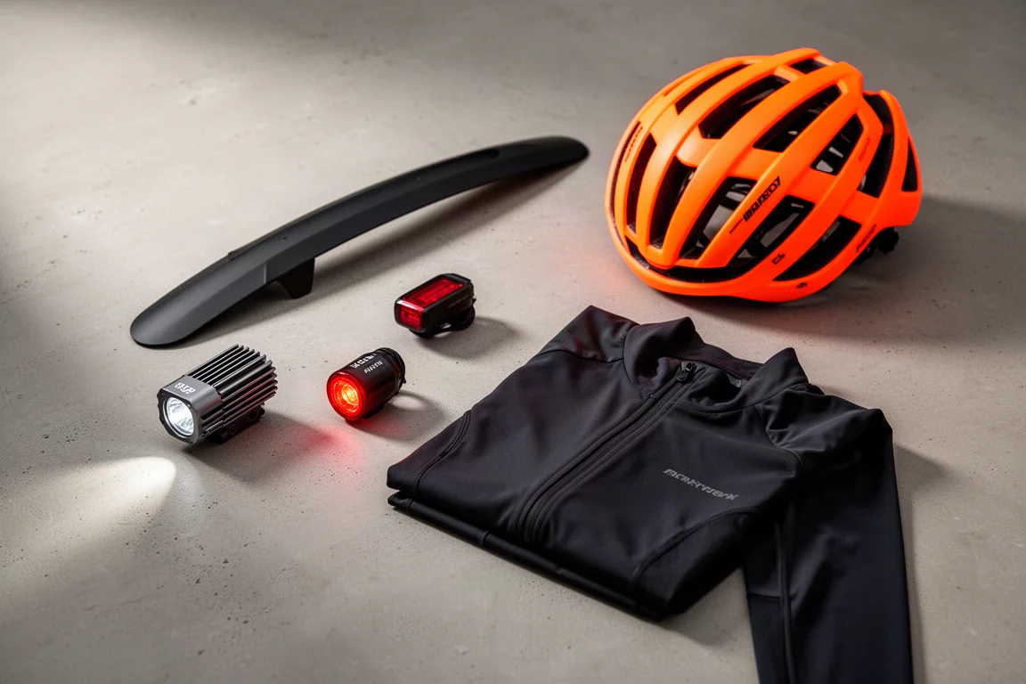 Winter cycling kit with front light, rear light, mudguard, black jacket and orange helmet