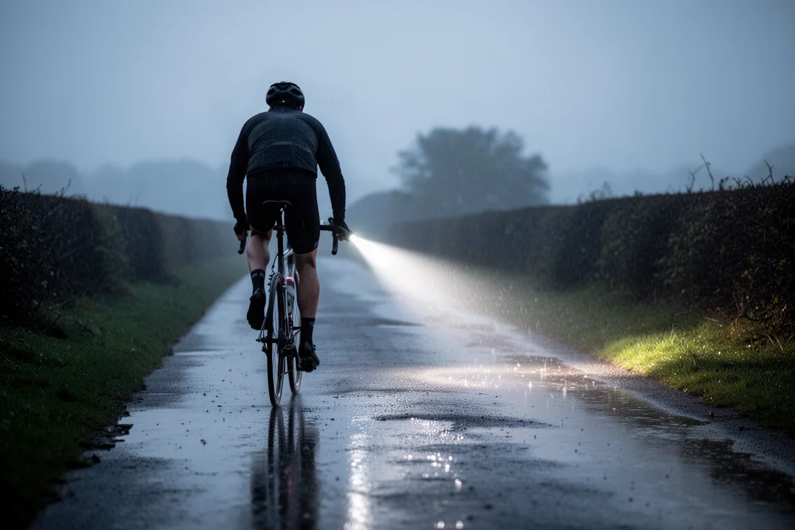 Wielrenner op een natte weg in de schemering met een heldere lichtbundel op het wegdek