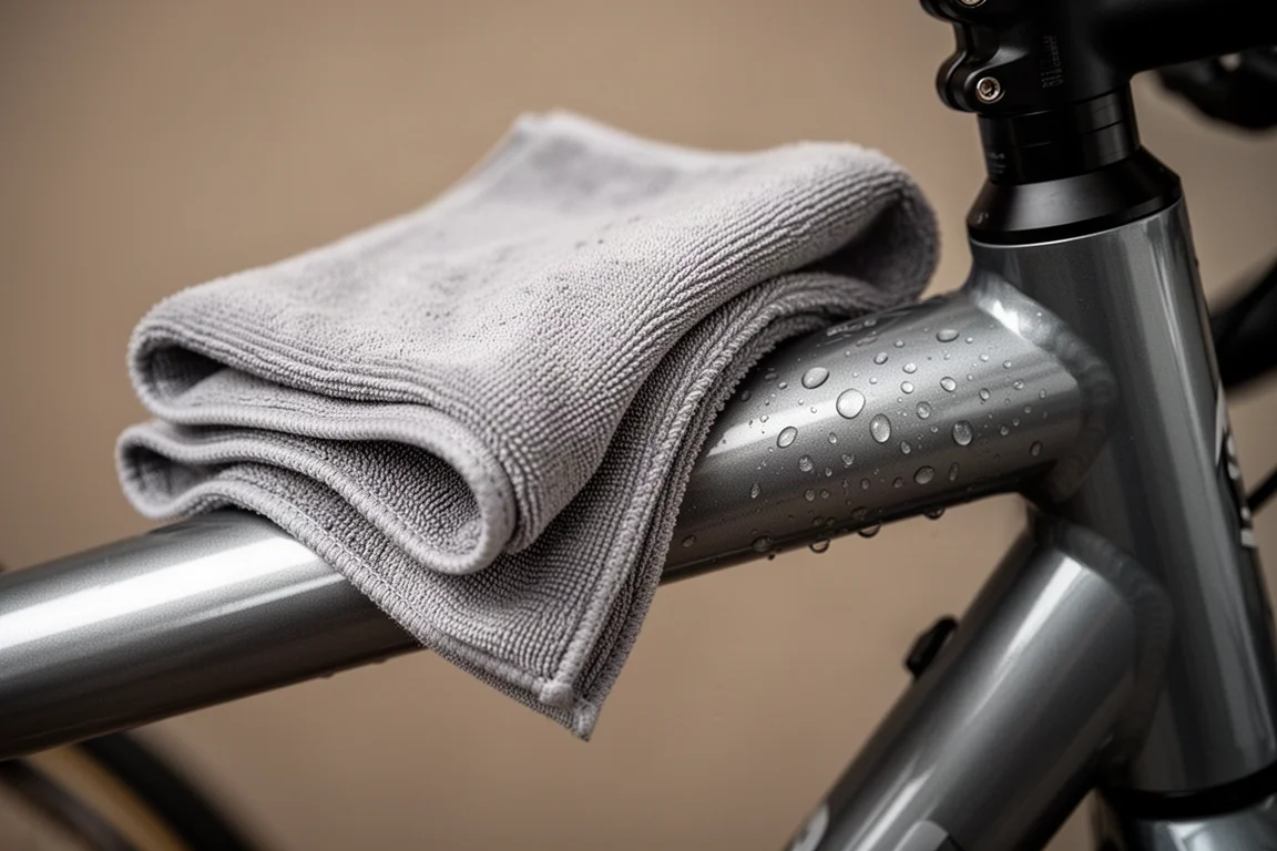 Microvezeldoek op een gepolijst fietsframe met parelend water op de lak