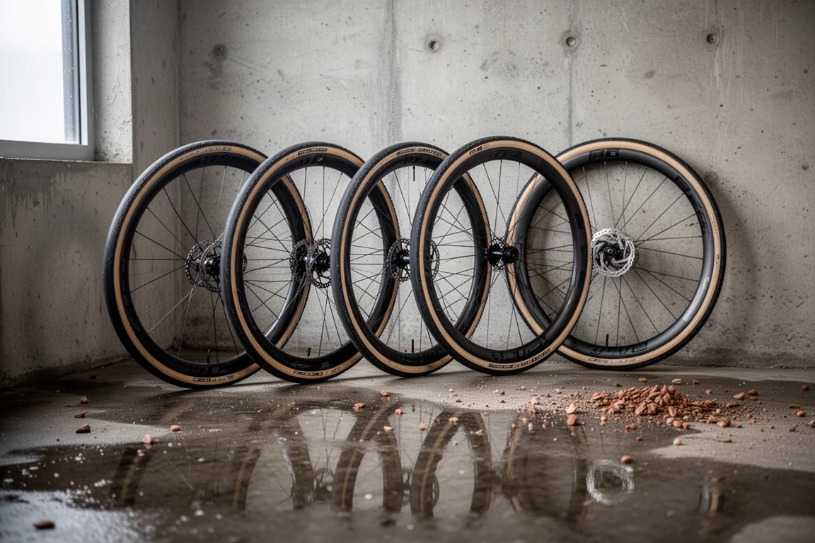 Wegfietsbanden die in een werkplaats tegen een betonnen muur leunen