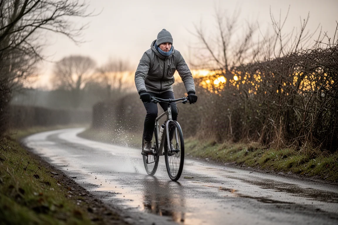 Radfahrer in Winterkleidung auf nasser Landstraße bei Dämmerung mit Nebel im Hintergrund