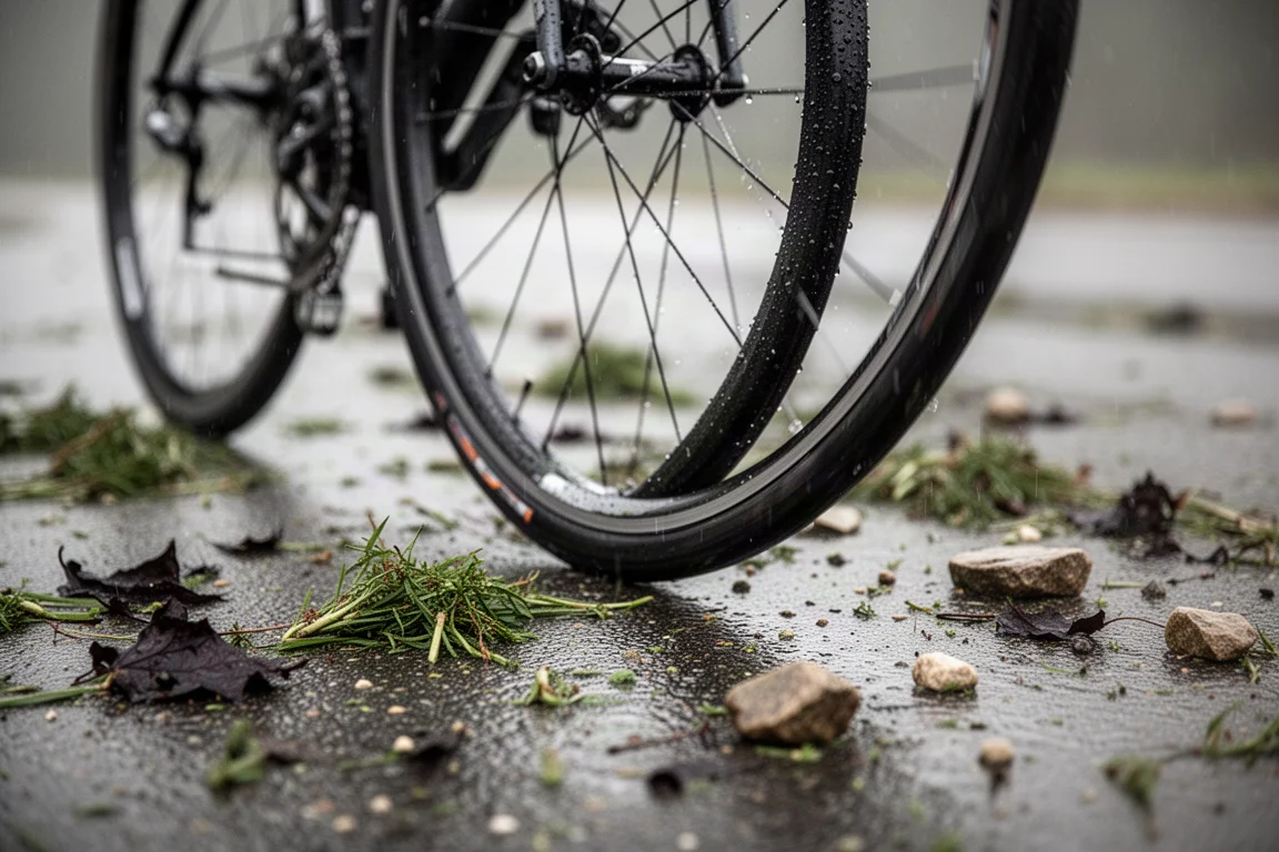 Nahaufnahme eines Rennradreifens auf nassem, splitbedecktem Asphalt mit Wassertropfen
