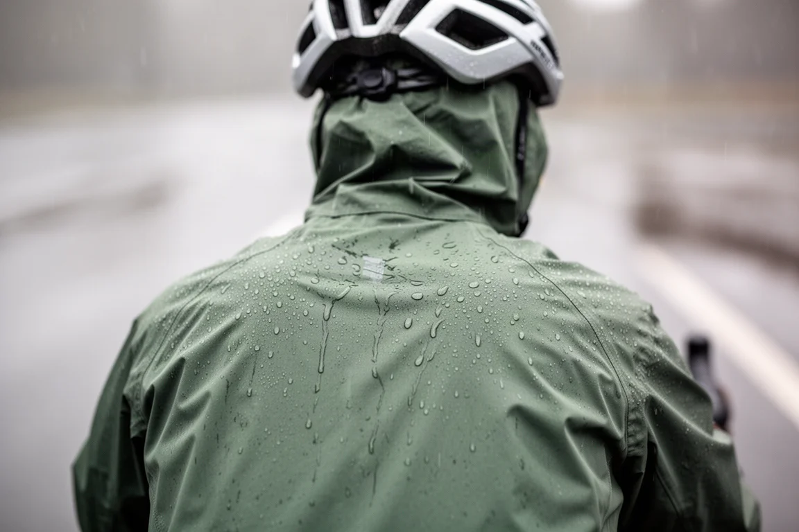Regentropfen perlen auf der Schulter einer grünen wasserdichten Radjacke mit Kapuze