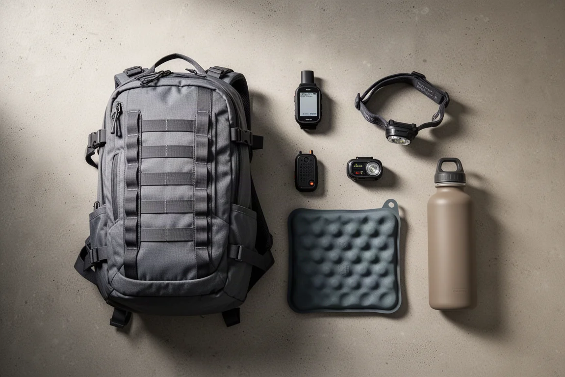 Winter day trip gear flat lay with daypack, GPS watch, satellite communicator, headlamp, sit pad, and soft bottle