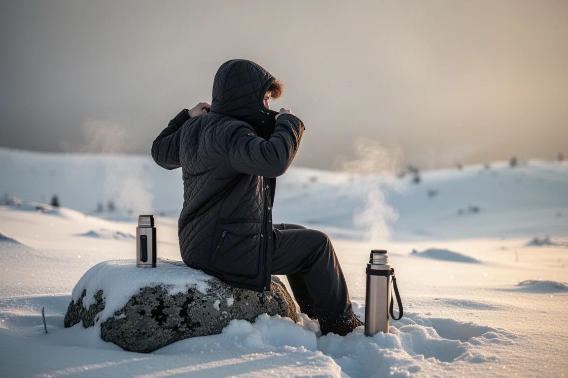 Bolsillo pectoral abierto de una chaqueta de invierno oscura con un pequeño dispositivo dentro en una cresta nevada