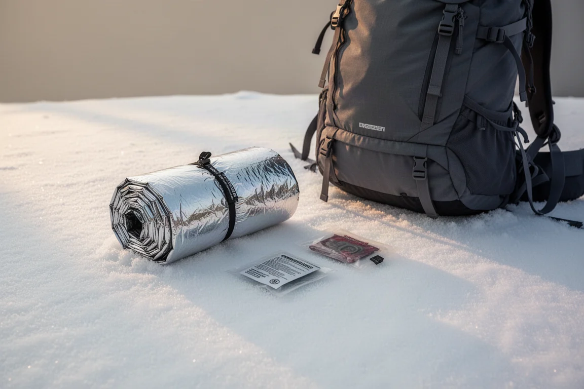 Chaqueta de plumas doblada sobre una mochila en una parada nevada con raquetas de nieve cerca