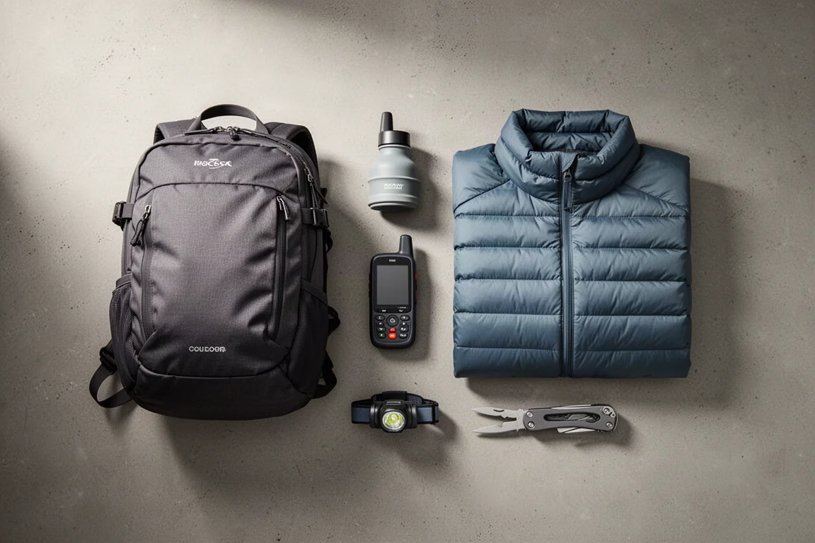 Winter day-trip gear including backpack, down jacket, headlamp and bottle on concrete