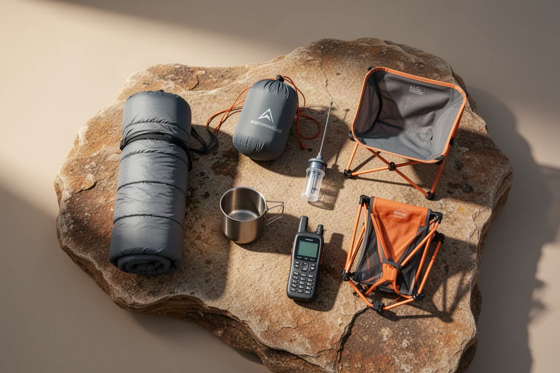 Overhead flat-lay of winter backpacking gear on pale desert sandstone in morning light