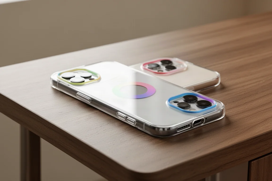 Coque de smartphone transparente avec boutons colorés sur un bureau