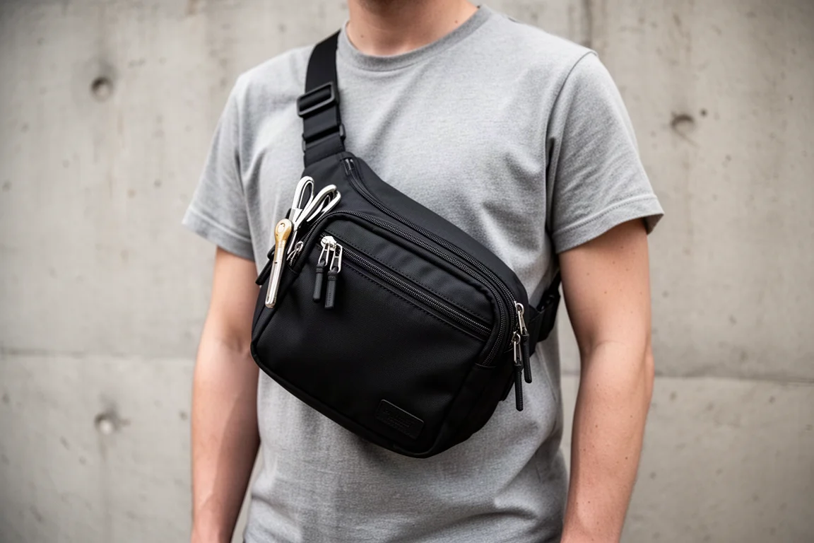 Sac sling compact porté en bandoulière sur la poitrine dans un décor urbain