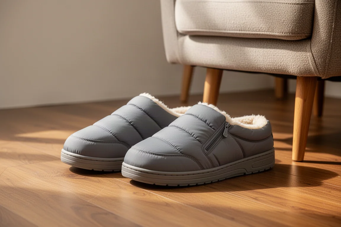 Chaussons polaires duveteux à poches zippées sur un plancher en bois