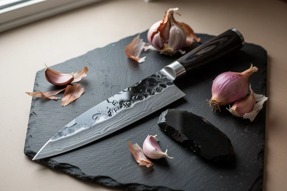 Handmade kitchen knife with etched glassy blade resting on slate board in natural light