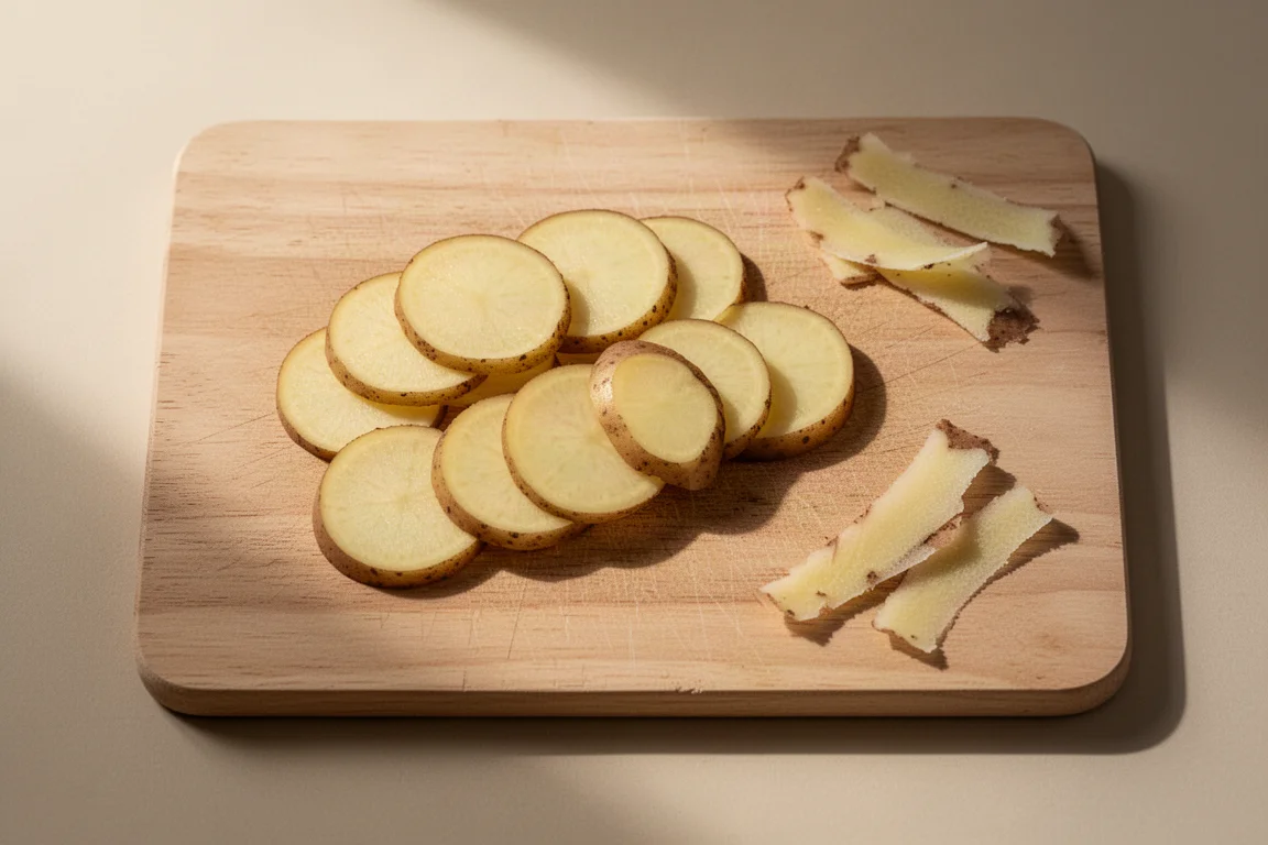 Freshly cut potato slices on a wooden cutting board with minimal sticking