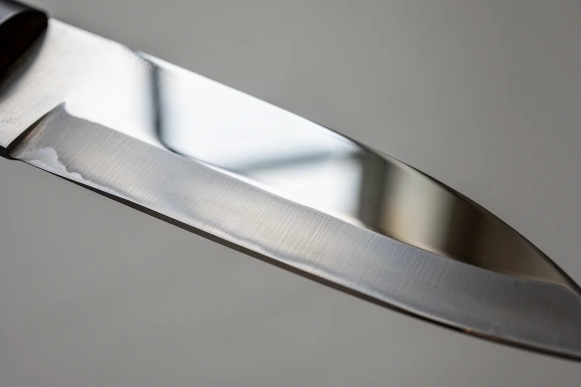 Close-up of a glassy polished knife blade edge reflecting soft light