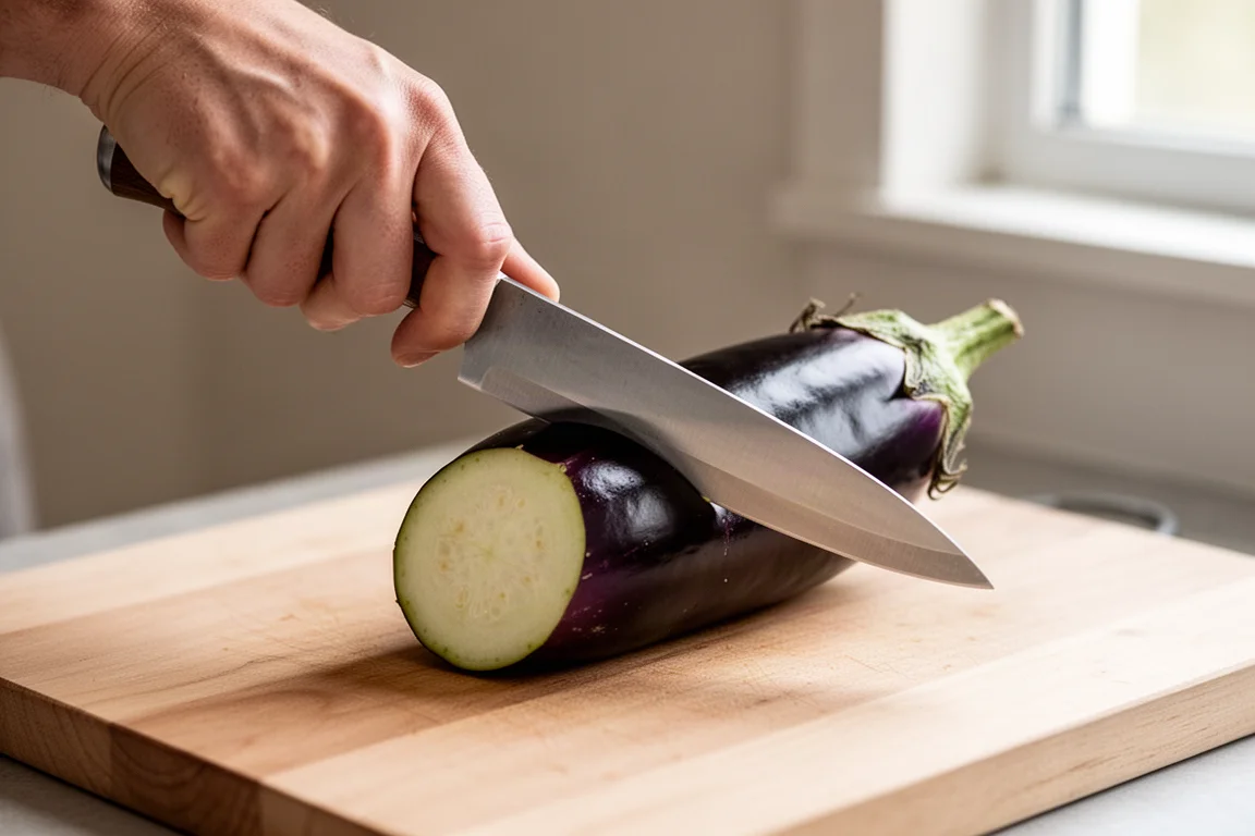 Chef's hand pinch-gripping a knife above an eggplant on a cutting board