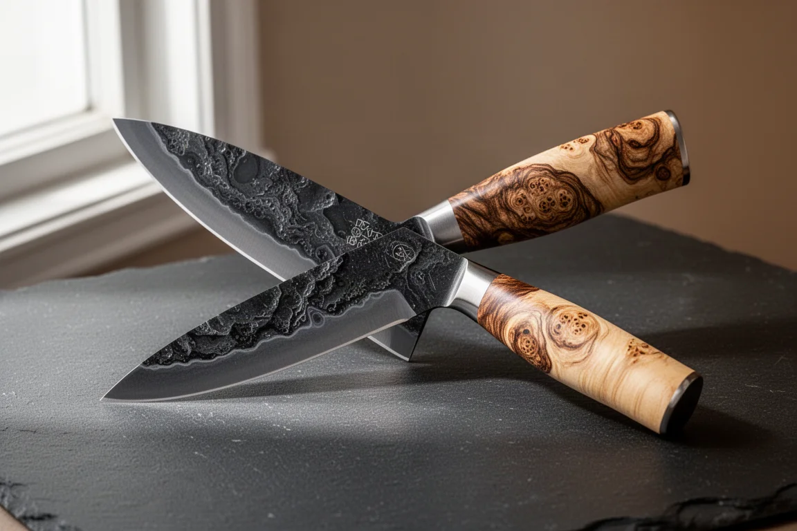 Handmade kitchen knife with glassy etched blade and birch burl handle on slate surface