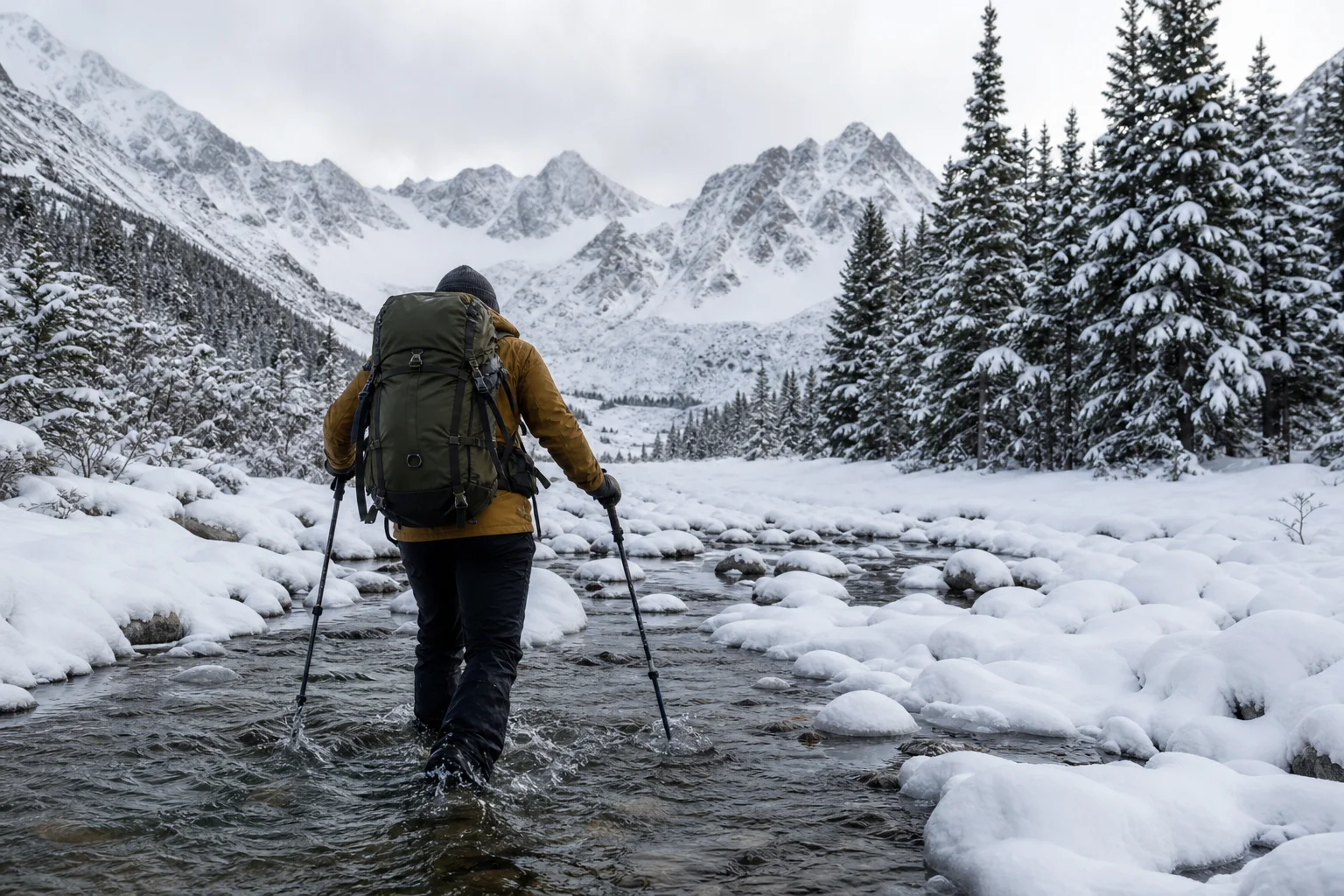 Hiker wading through a snow-covered stream in winter conditions