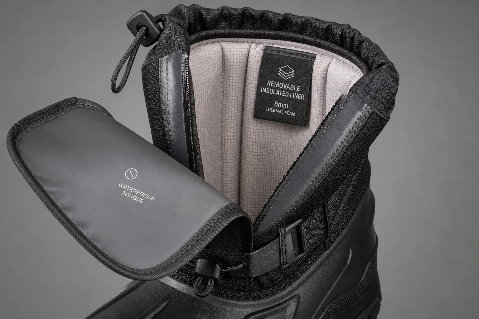 Close-up of insulated pac boot construction showing waterproof sealing