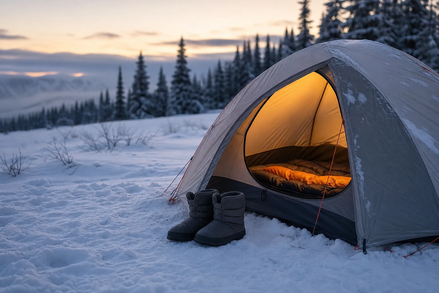Winter camp scene with insulated booties placed near a tent at dusk