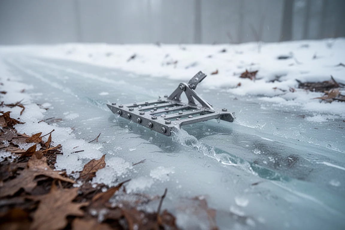 Metalowe kolce wgryzające się w szklistą, pokrytą lodem powierzchnię szlaku