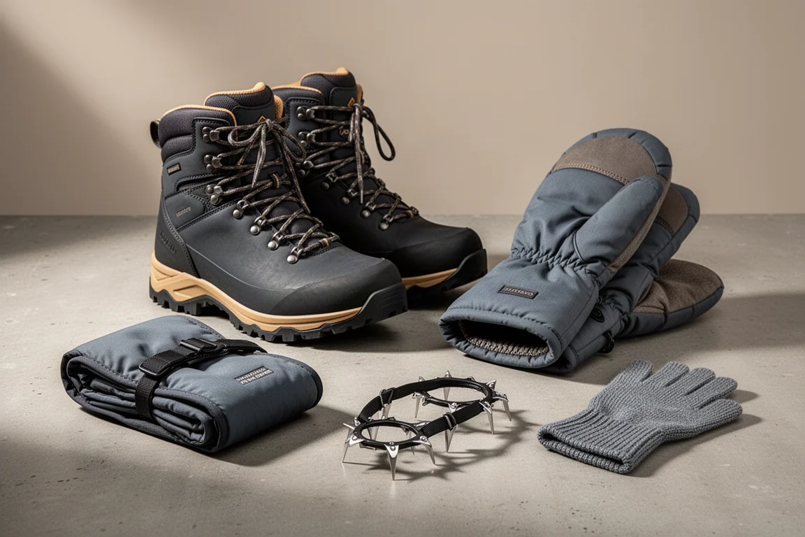 Winter hiking boots, mittens, traction spikes, and liner gloves arranged on concrete