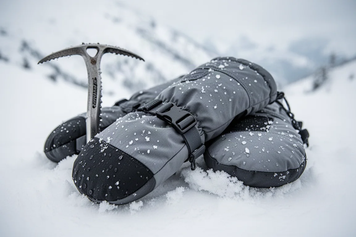 保暖並指手套放於壓實嘅雪地上,旁邊係金屬冰斧嘅頂部