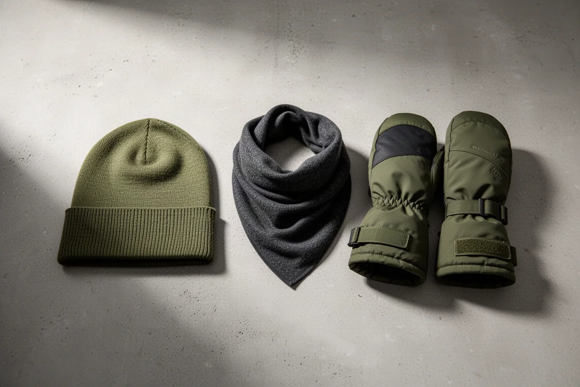 Merino beanie, folded merino bandana, and insulated mittens arranged on a concrete surface