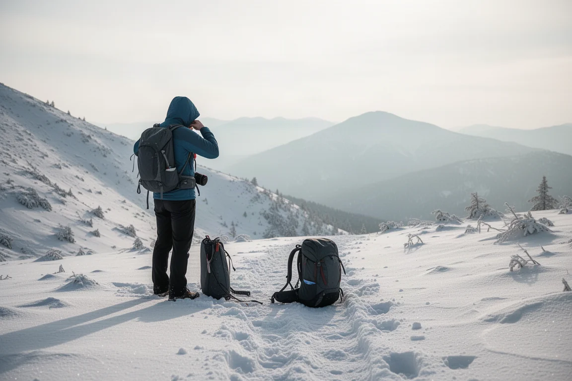 Excursionista en un sendero nevado de cresta haciendo una pausa para ajustarse las capas junto a una mochila