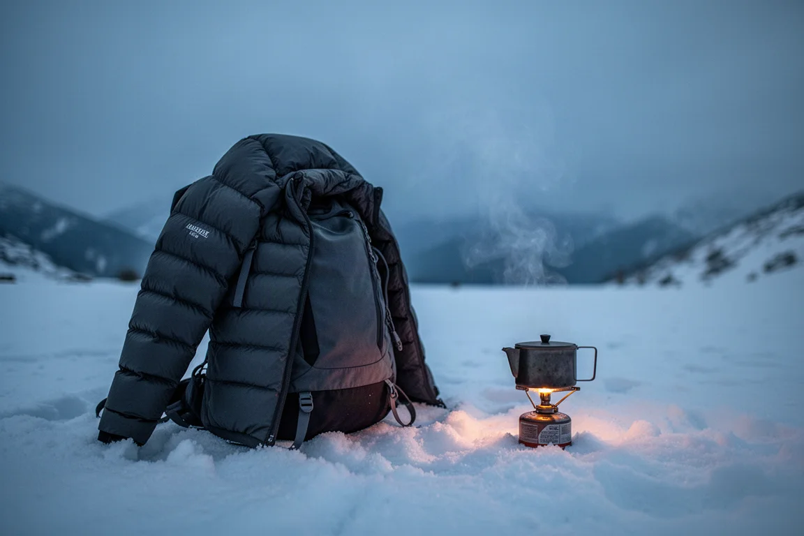Plumífero colgado sobre una mochila de trekking en un campamento alpino nevado