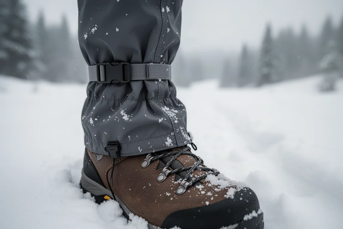 Polaina impermeable envuelta sobre una bota de senderismo con nieve en el tejido