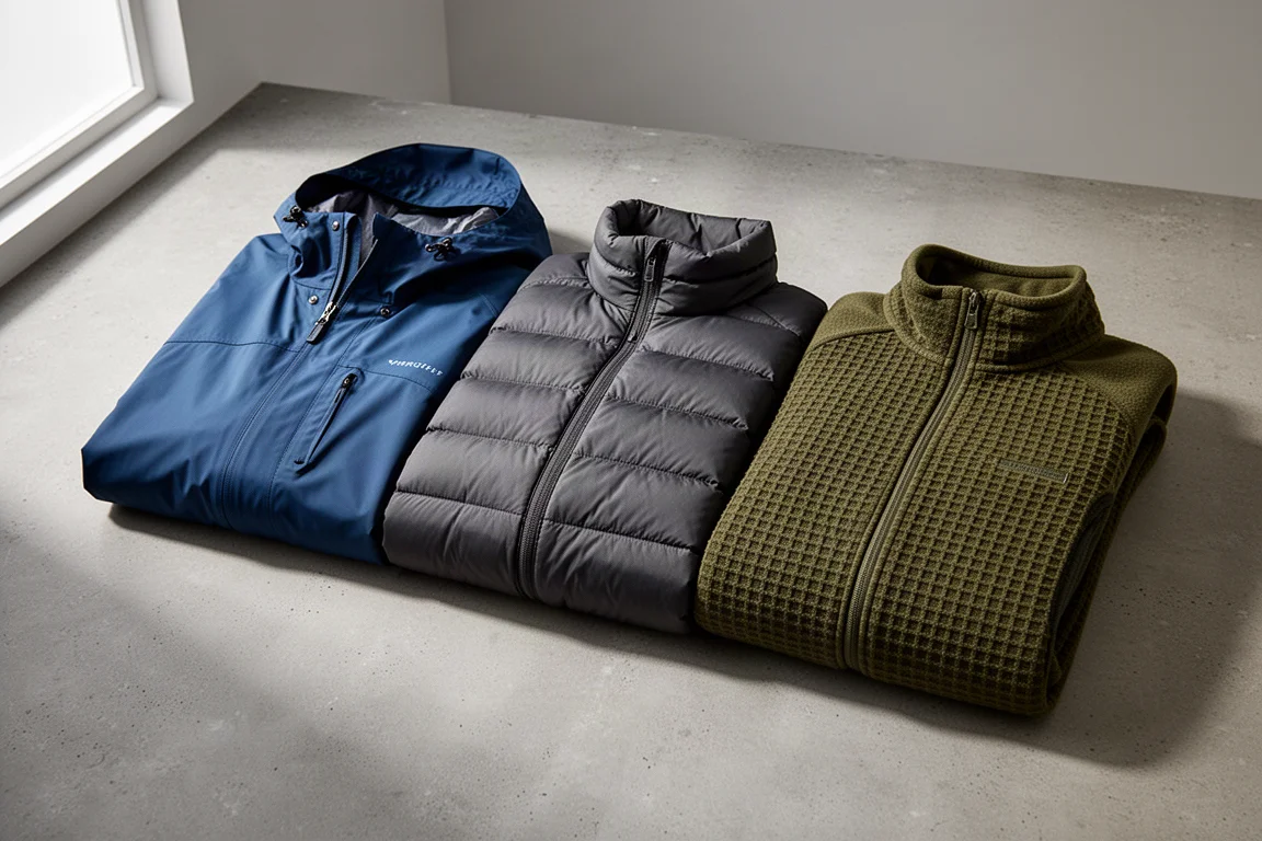 Waterdicht regenjack, donsjack en grid fleece op een rij gevouwen op beton
