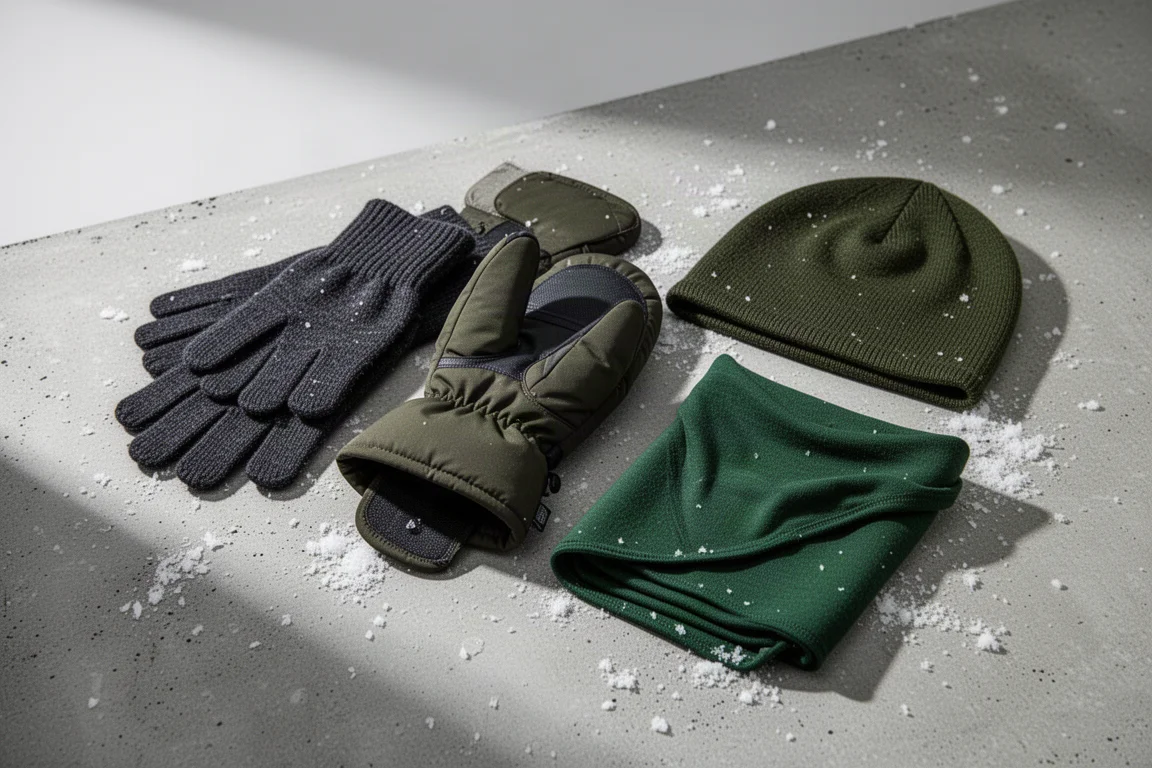 Winter gloves, an insulated over-mitt, a merino bandana, and a beanie on concrete with snow