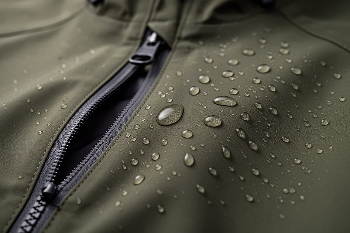 Close-up of water beading on a waterproof jacket fabric beside an open pit zip