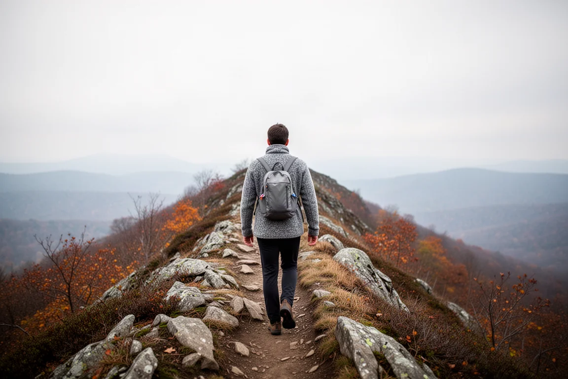 Hiker on a cold ridge trail seen from behind wearing a fleece mid layer