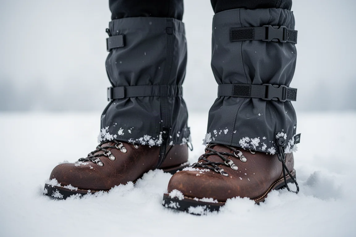 Fabric gaiters fitted over hiking boots on packed snow