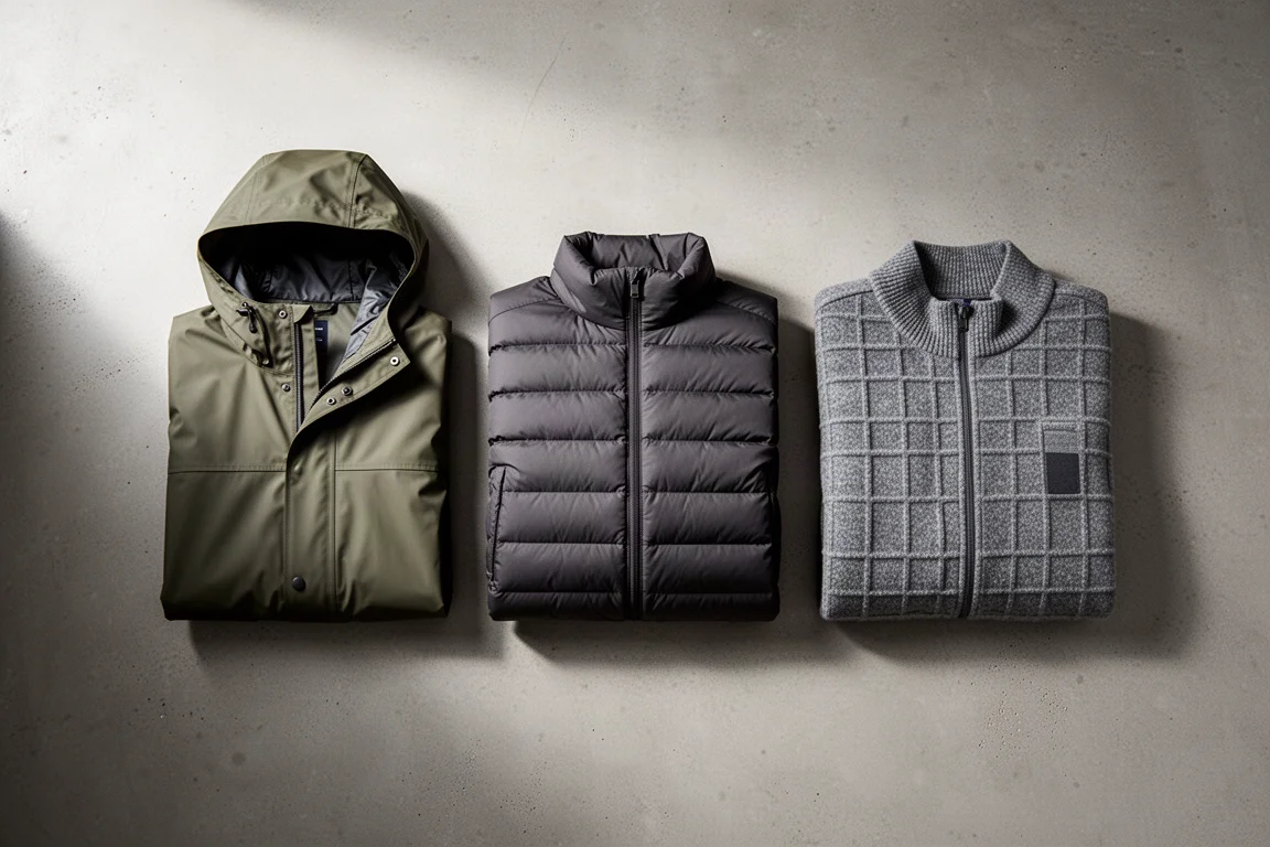 Three folded winter layers arranged on a concrete surface: rain shell, down puffy and fleece
