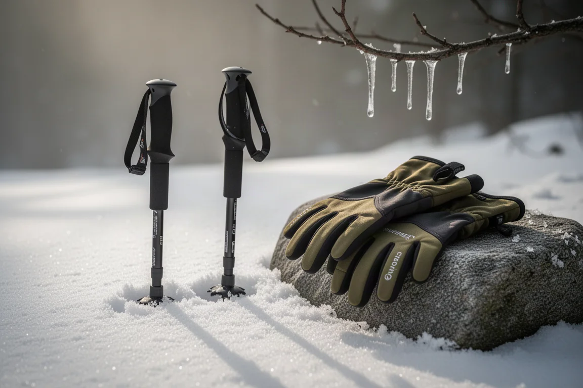 登山杖握把插在压实的雪地里,旁边岩石上放着手套