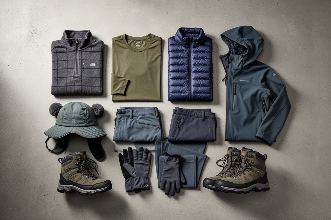 Flat lay of winter hiking layers including fleece, jackets, hat, gloves and boots