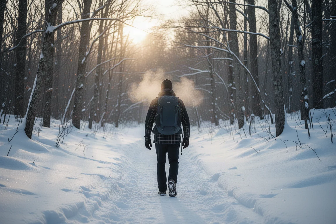 Hiker in winter layers walking a snowy forest trail in low winter sun
