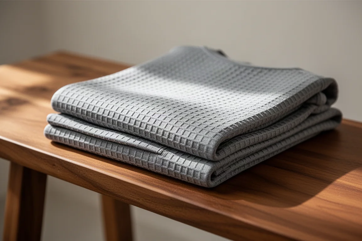 Close-up of grid fleece base layer fabric texture in soft window light