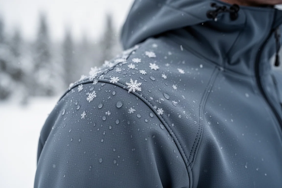 Snowflakes beading on the shoulder of a soft shell jacket outdoors