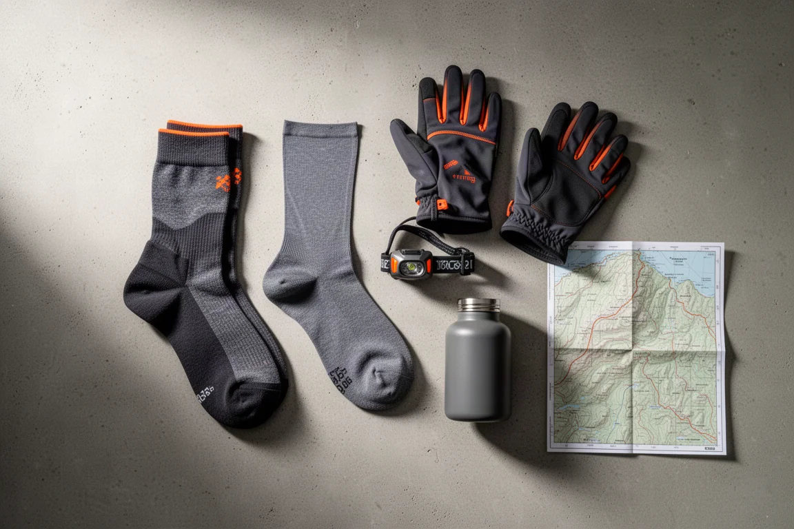 Flat lay of winter hiking essentials including socks, gloves, and a flask