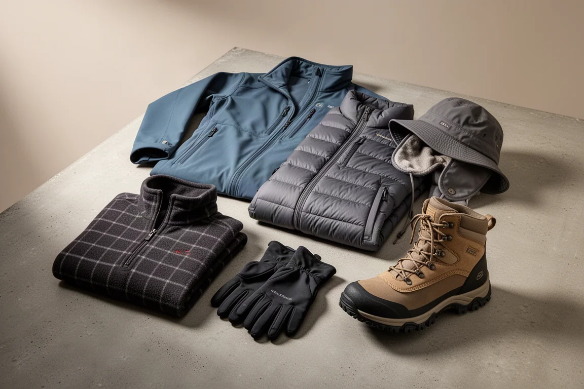 Winter layering system arranged on concrete, from base layers to insulated boots