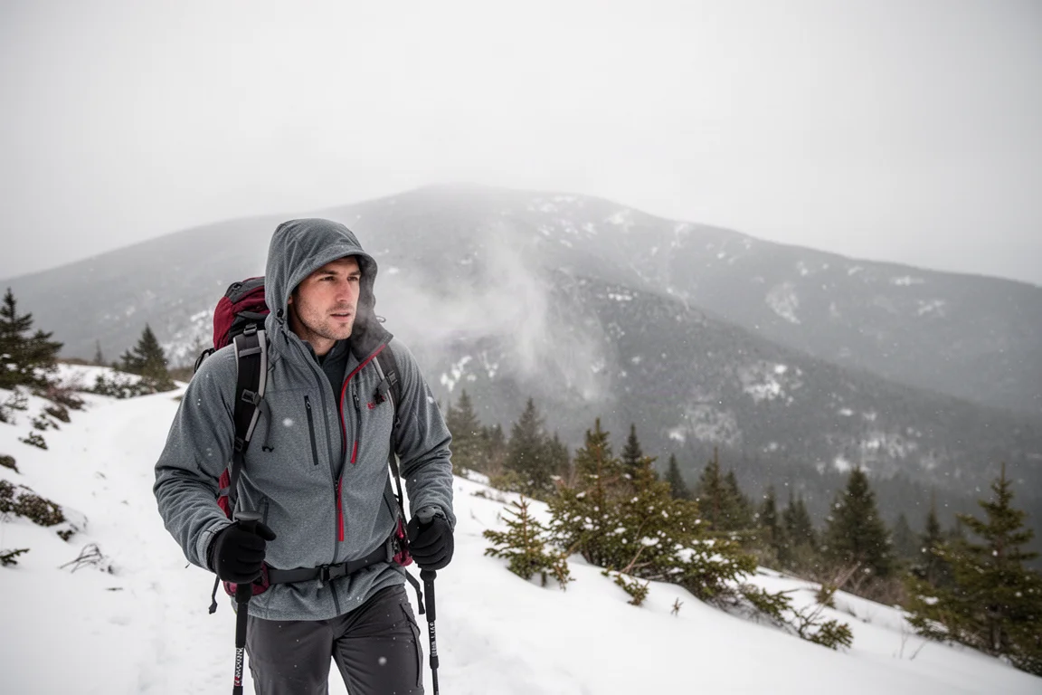 Excursionista haciendo una pausa en una cresta nevada con el aliento visible en el aire frío