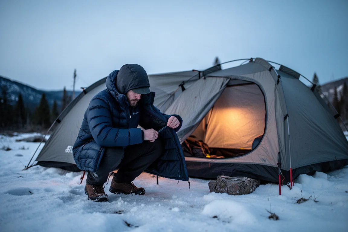 Acampada en un campamento nevado de montaña al atardecer mientras se pone una chaqueta aislante