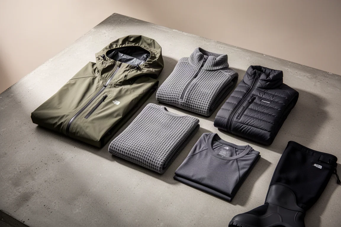 Winter layering kit with shell, fleece, insulated jacket, and gaiters on concrete