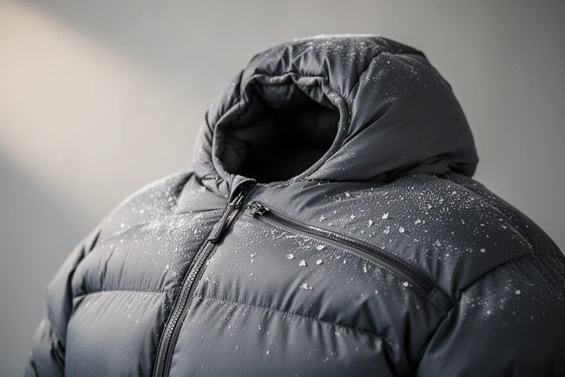 Detail eines aufgeschüttelten Daunenschlafsacks mit Schulterreißverschluss und Frost auf dem Stoff