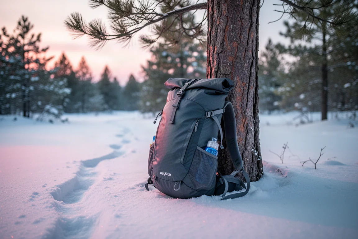 Beladener Rucksack lehnt im Morgengrauen an einer Kiefer im frischen Schnee