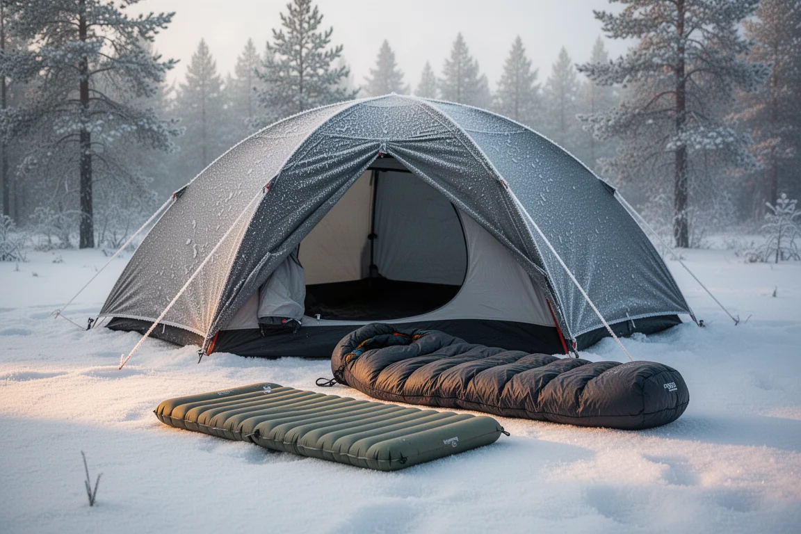 Mit Frost überzogenes Zelt und Winter-Schlafausrüstung im Morgengrauen auf dem Schnee ausgebreitet